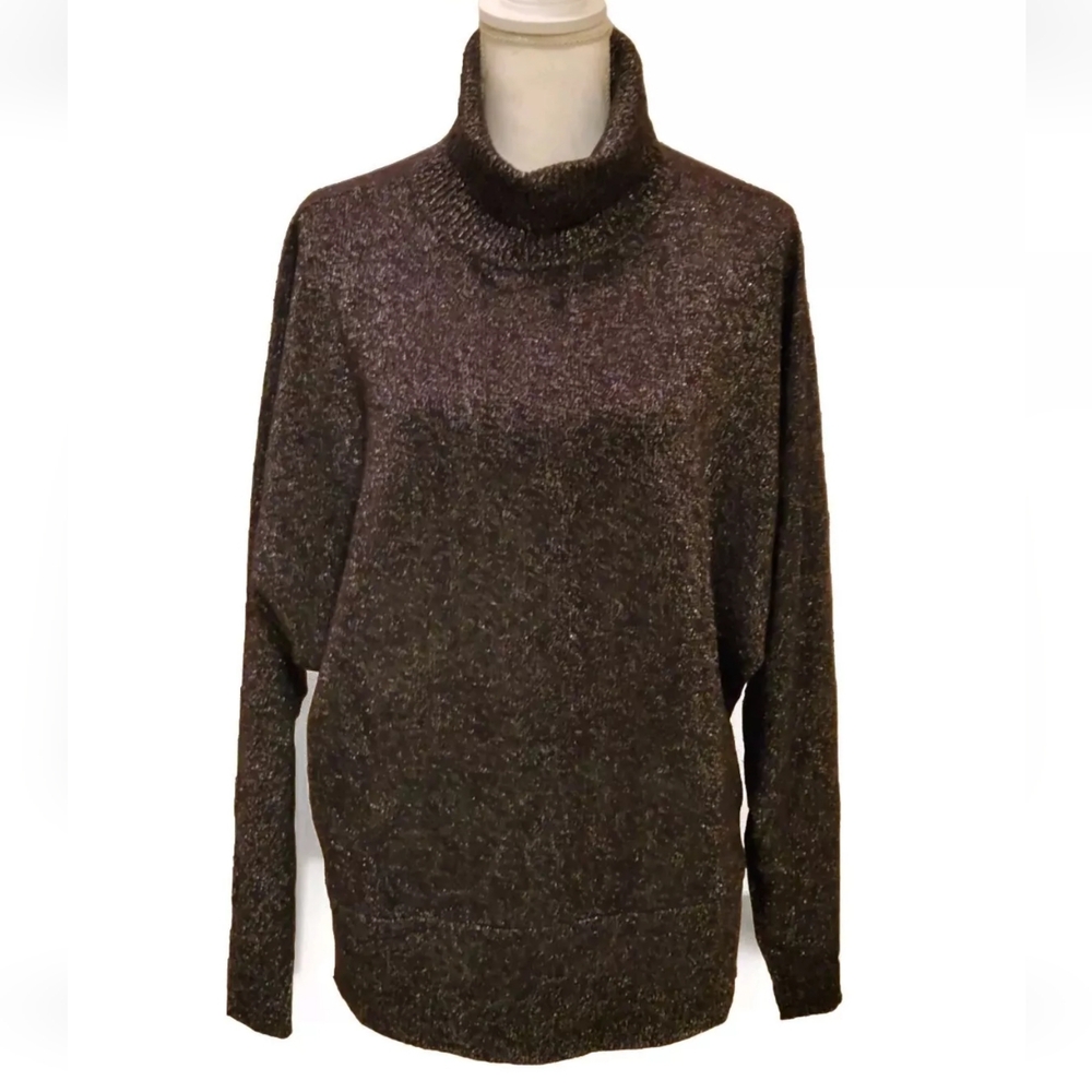 Express  Womens Black Silver Metallic Turtleneck Sparkly Top  Medium EUC